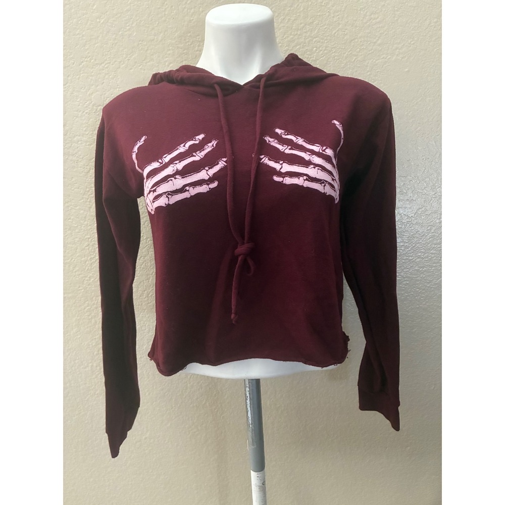 G Mini Burgundy Cropped Skeleton Hand Graphic Hoodie Maroon Made in USA Womens